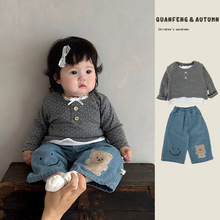 女宝宝春秋款甜美衣服裤子套装女童假两件波点上衣婴儿宽松牛仔裤