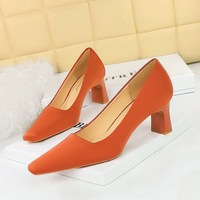 6186-2 Fashion Versatile Simple Fit High Heel Thick Heel Shallow Mouth Square Head Satin Women's Shoes High Heel Shoes Single Shoe