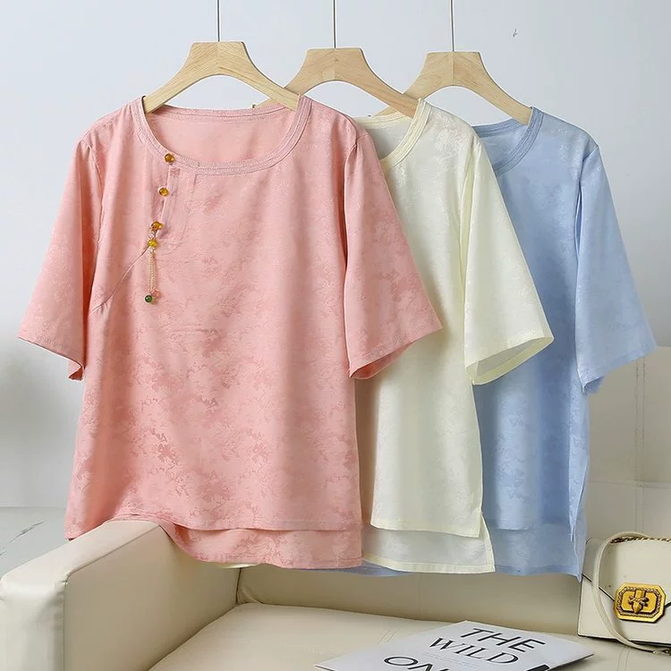 2025 новая новая футболка в китайском стиле с короткими рукавами, летний крутой и дышащий элегантный топ с круглым вырезом для похудения