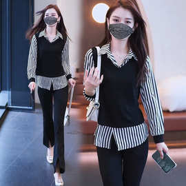 假两件衬衣女装秋季新款欧货爆款洋气打底小衫上衣遮肚子条纹衬衫