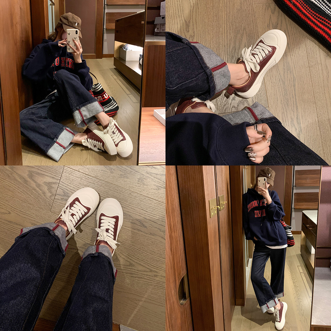 Versión de piel de vaca ~ Grape Madre con el mismo tipo de muffin de piel de caballo lavado con agua, zapatos de skate deportivos casuales de suela gruesa, zapatos blancos de altura para mujeres