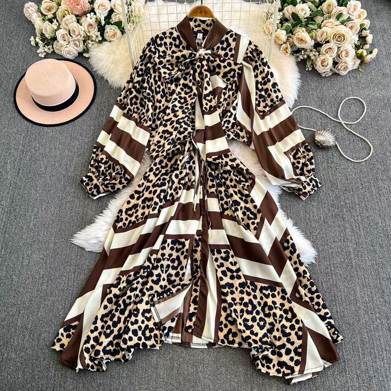 (2개) 유럽과 미국의 국경 간 무슬림 중동 인쇄 대형 나비 넥타이 벨트 랜턴 소매 긴 원피스