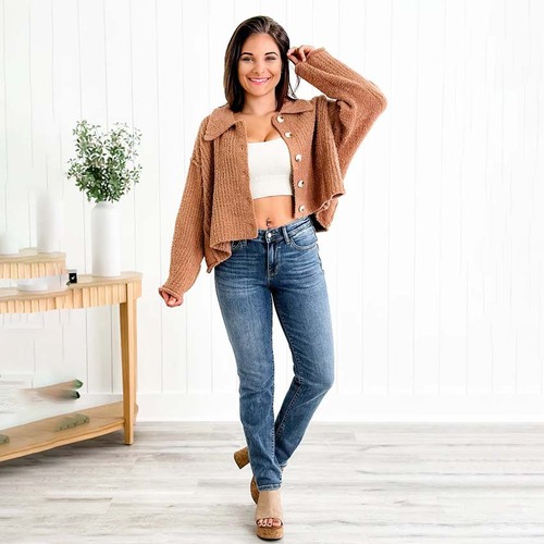 European and American small foot women's middle waist elastic slimming straight leg denim pencil pants women's long pants