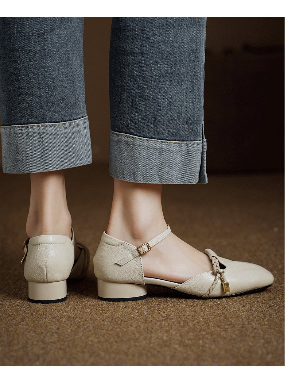 Sandal nữ gót thấp 3 cm quai ngang một khóa, mũi kín gót kín kiểu dáng thanh lịch — Màu nâu (cao 3cm) chi tiết 10