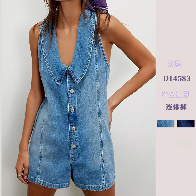 Cross-Border 2025 European and American Fashion New Amazon Doll Collar Fashion Sleeveless Washed Denim Jumpsuit Shorts Women's Clothing