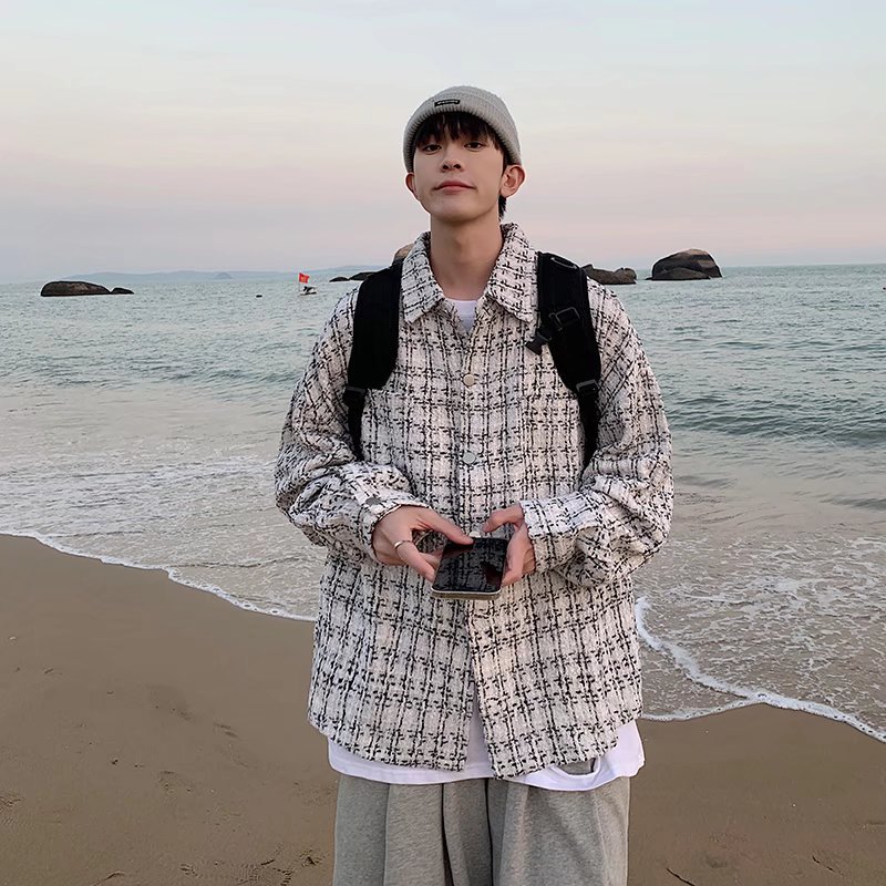 Chanel estilo hombres de la capa diseño sentido nicho ruffle guapo Ropa Trabajo chaqueta primavera y otoño moda ins houndstooth Top ropa