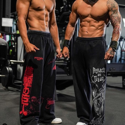 YOUNGLA American Style Cotton Ribbed Print Wide Leg Long Pants for Men and Women Loose Casual Straight Leg Pants