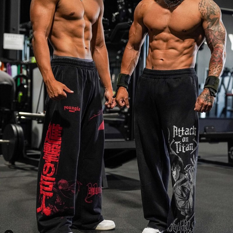 YOUNGLA New American Style Sports Pants Cotton terry Printed Wide Leg Trousers Men and Women Loose Casual Straight Leg Pants