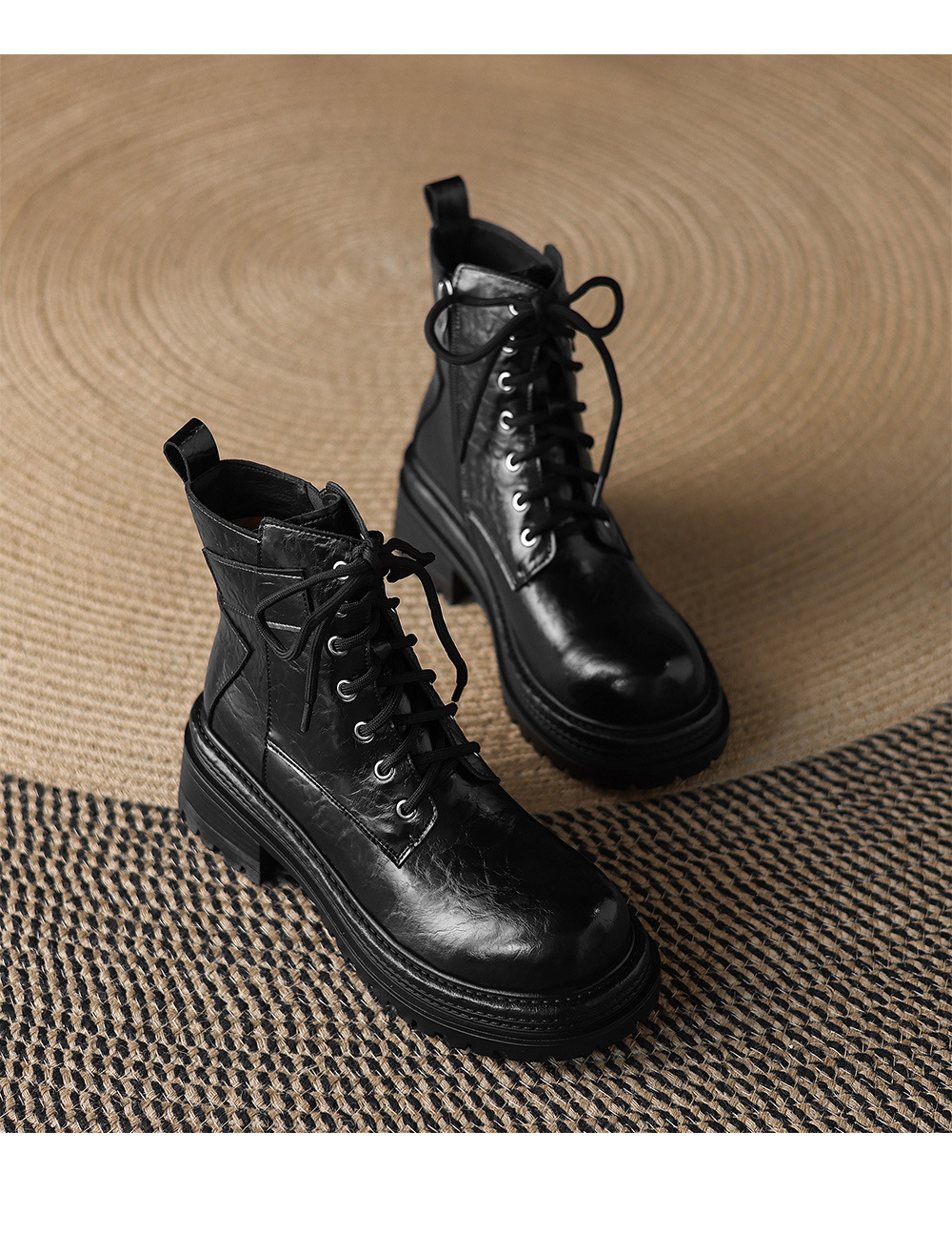 Boot Martin nữ gót dày buộc dây đế tăng chiều cao phong cách Maillard thu đông 2025 — Lớp lót nhung đen, Nhung nâu, Lớp lót đơn màu đen, Lớp lót đơn màu nâu chi tiết 18