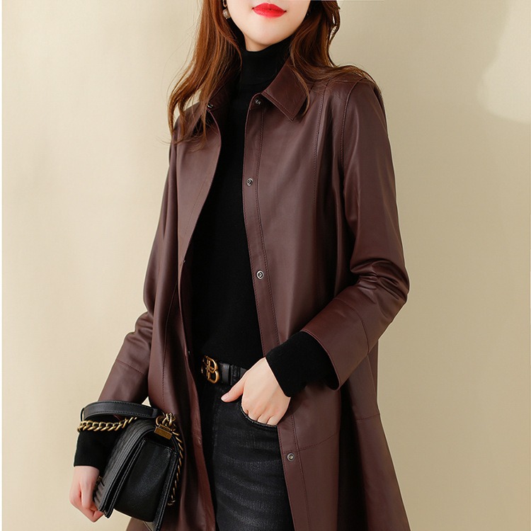 2026 Autumn New Haining Genuine Leather Coat Mid-Length Women's Genuine Sheepskin Leather Trench Coat Square Collar Fashionable Jacket