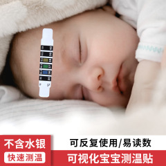 現物の子供のおでこの温度はFH-747の液晶の数字を貼って赤ちゃんの温度を表示しておでこの変色の温度を貼って貼ります。