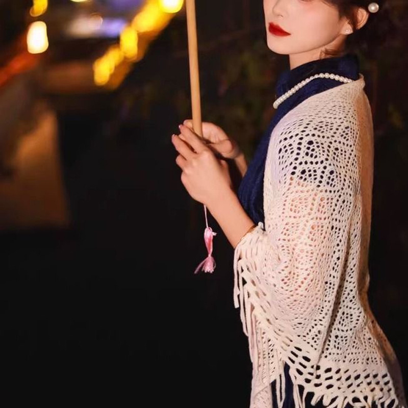 Spring and Summer Knitted Hollow-Out Shawl, Artistic Retro Solid Color Cheongsam Shawl, Small Cape, Outerwear Triangle Scarf for Women
