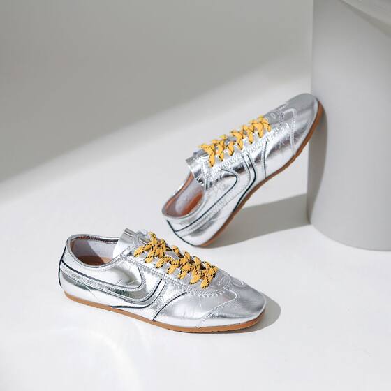 European and American Style Retro ~ German Training Shoes Women's Saw-tooth Leather Color-matching Flat Square Head Lace-up Casual sneaker