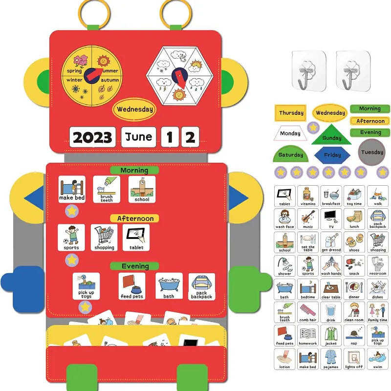 Accesorios de educación temprana Montessori no tejido hecho a mano bricolaje clima creativo fieltro horario colgante robot