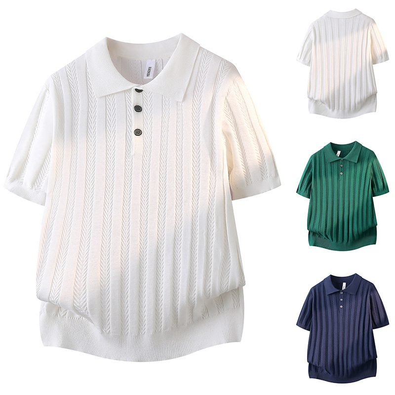 Polo camiseta de punto camiseta de manga corta hombre hueso de pescado estampado antiguo viento delgado camiseta de hielo seda de verano fábrica transfronteriza al por mayor
