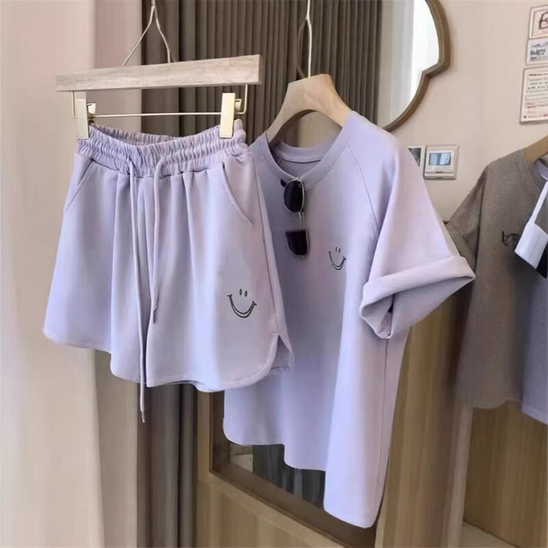 Cross-border smiley face print short-sleeve shorts casual sports suit for women, slimming and loose-fitting, Korean style student two-piece set, trendy