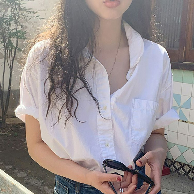 White Short-sleeved Shirt Women's Summer Chic French Top Design Niche Retro Lapel Single-breasted Shirt White Short-sleeved Shirt Women's Summer Chic French Top Design Niche Retro Lapel Single-breasted Shirt