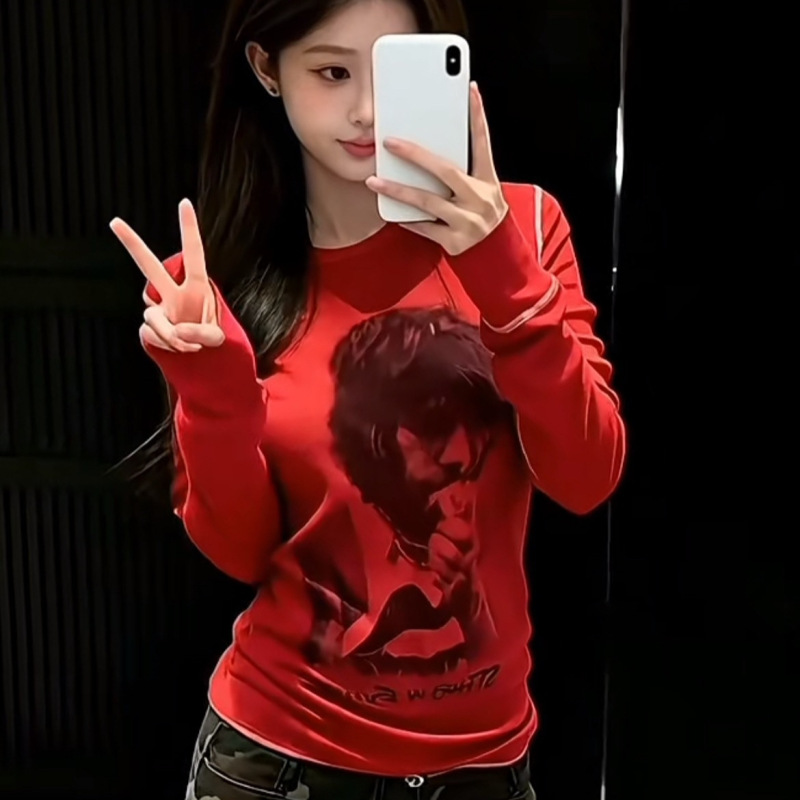 In Stock Now! 2026 Early Spring New Niche Design Rolling Stones Portrait Print Waffle Long-Sleeve T-Shirt for Women