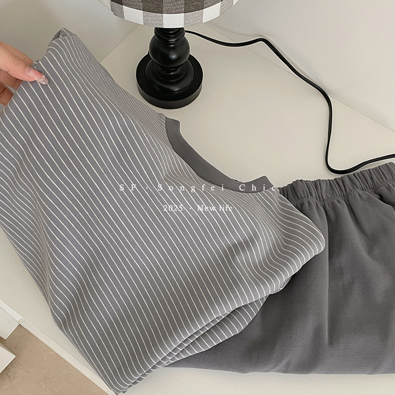 秋冬磨毛新款圆领长袖可外穿家居服 肯豆风松弛感条纹家居服套装|undefined