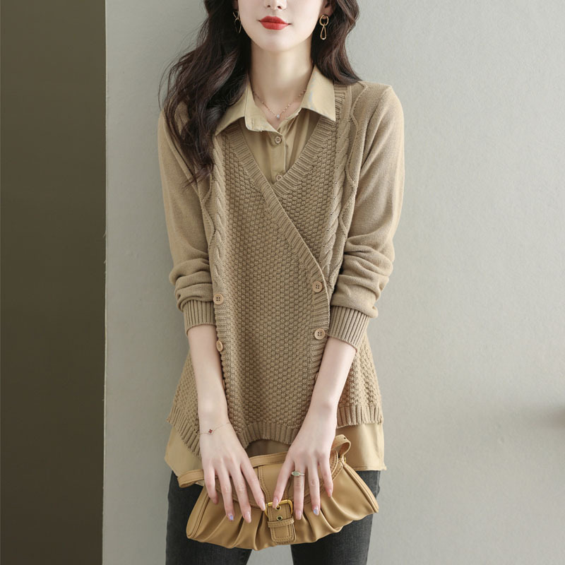 Autumn Clothing 2025 New Loose Western Style Shirt Collar Knitwear Fake Two-Piece Top Women's Spring & Fall Mid-Length Knitwear