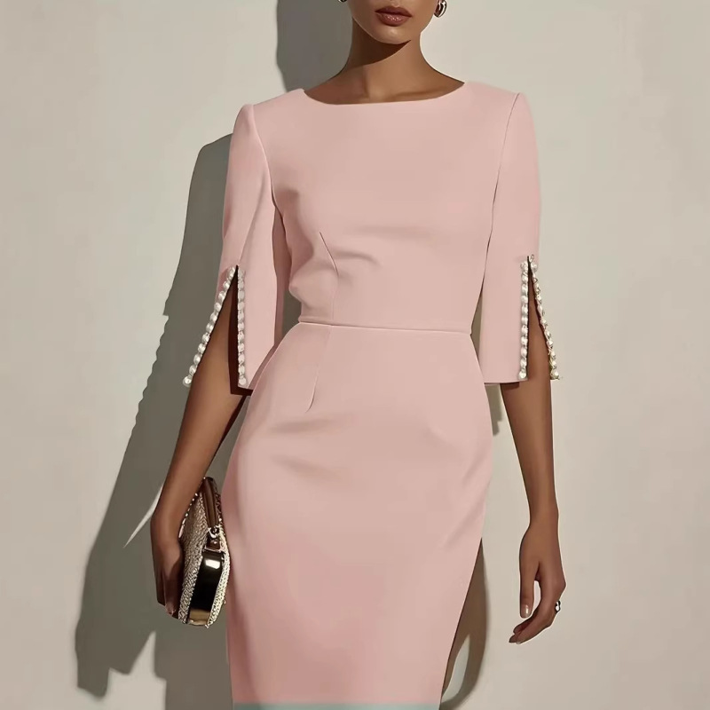 2026 New European and American Amazon Cross-Border Spring and Summer Solid Color Commuter Beaded Slim Elegant Dress for Women