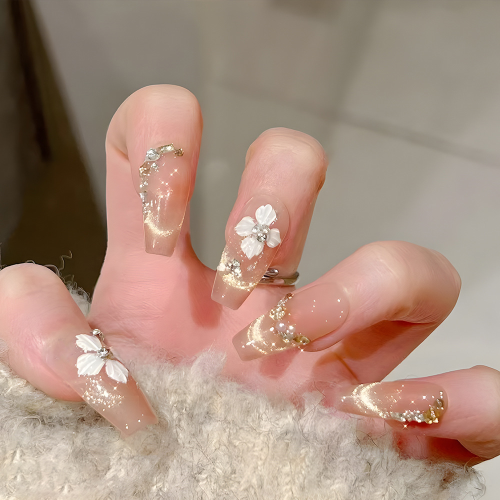 Uñas postizas francesas con efecto ojo de gato, diseño de flor blanca con diamantes brillantes, estilo 3D, hechas a mano, juego de 10 piezas de tamaños variados, pegatinas para uñas
