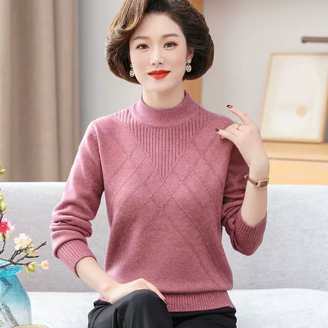 中老年女装上衣女秋冬装新款半高领毛衣妈妈装洋气套头打底衫厂家