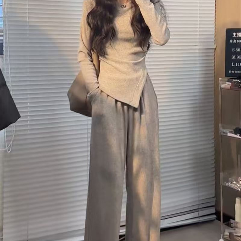 欧美跨境亚马逊不规则纯色修身上衣女春秋高腰阔腿长裤休闲两件套|undefined