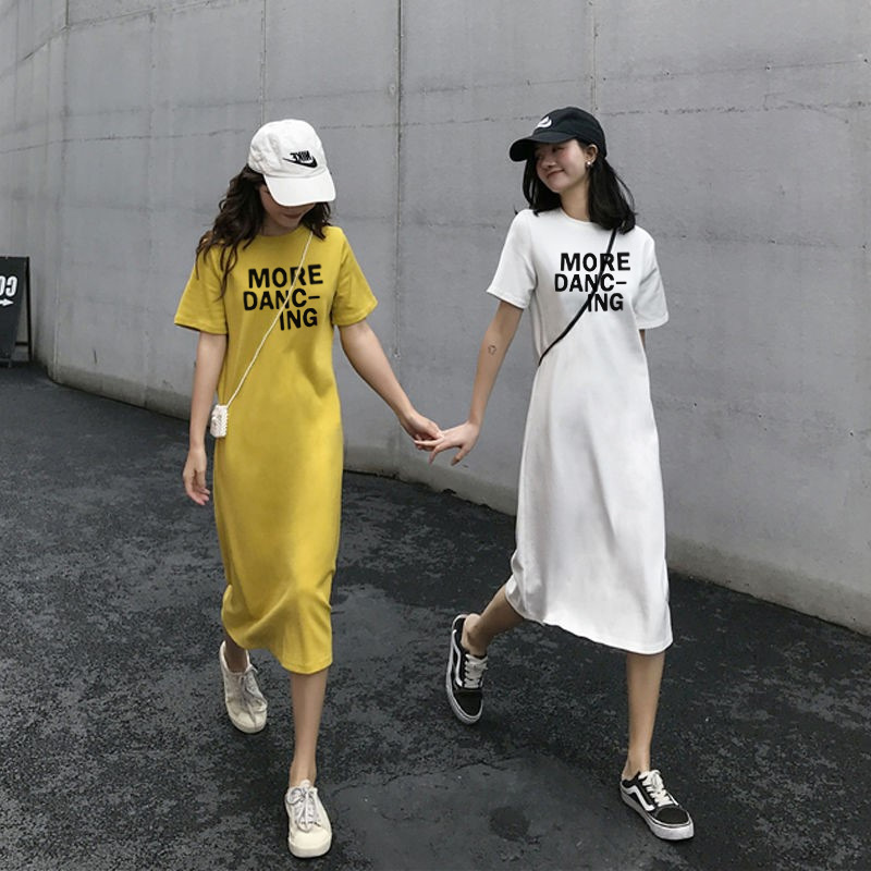 Letter Printing Short-sleeved Nightgown Women's 2025 New Korean Style Loose Slimming All-match Long Split T-shirt dress