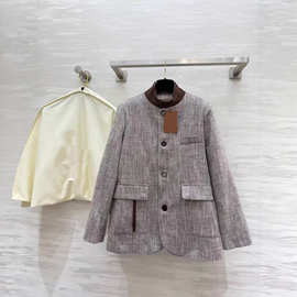 深圳南油25秋冬款复古气质撞色立领单排扣宽松显瘦人字纹西装外套