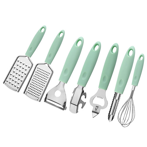 Creative plastic handle stainless steel kitchen gadgets kitchen utensils egg beater bottle opener grater plate lift set