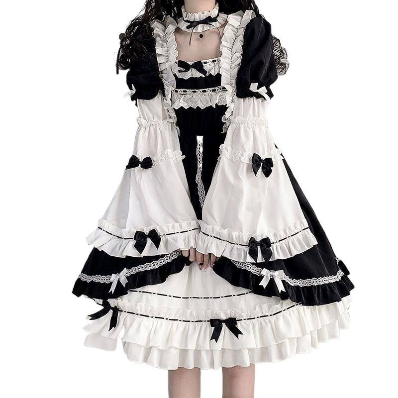 Съёмное платье Lolita OP (женское) — чёрно‑белый комплект с юбкой и украшением для волос, размеры S–XL