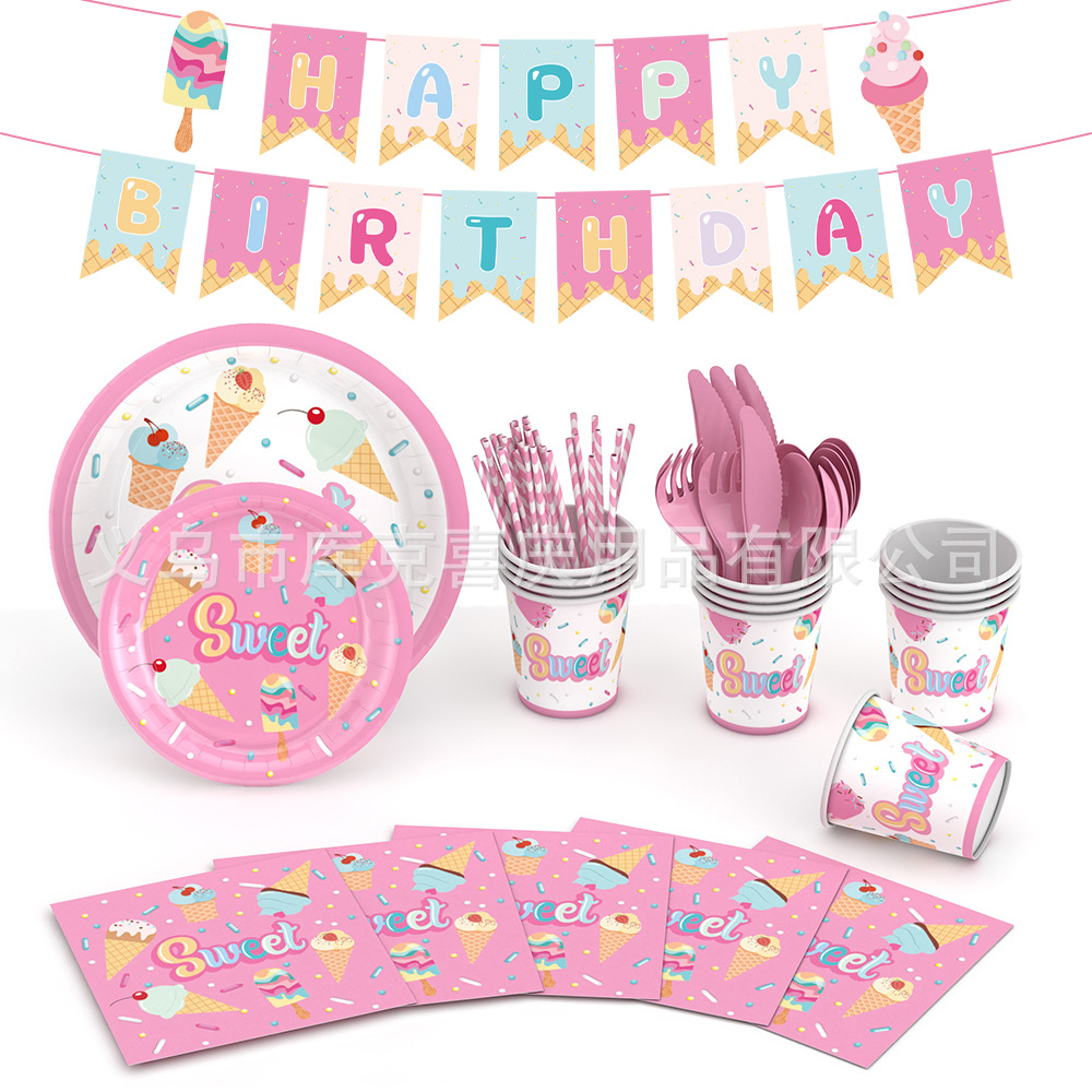 Verano helado postre tema plato desechable traje fiesta de cumpleaños de los niños plato de papel taza de papel decoración del tejido