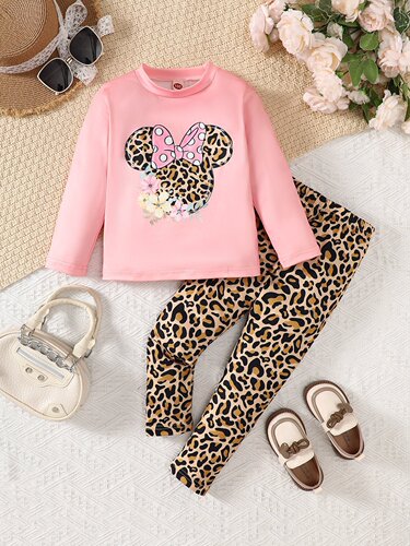 INS New Women's Children Spring and Autumn Long-Sleeve Mickey Mouse Print + Pants Leopard Print Set Cute