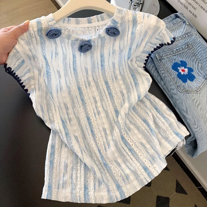 今年人気のブルーの綿とリネンのストライプ半袖Tシャツ夏の新しい韓国風甘い立体花シックなシャツ|undefined