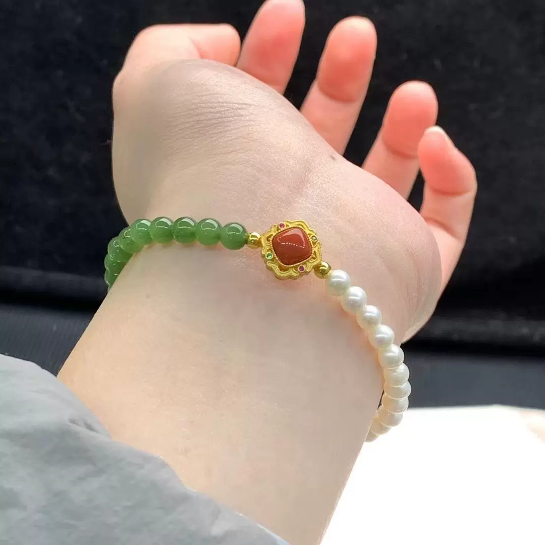 淡水珍珠手串女轻奢小众设计精致百搭新款中式和田玉手串闺蜜礼物