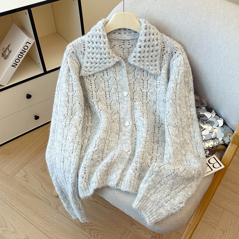 Inventario otoño invierno nuevo estilo coreano diseño sensación hueco solapa de punto cardigan suéter suave suave suelto