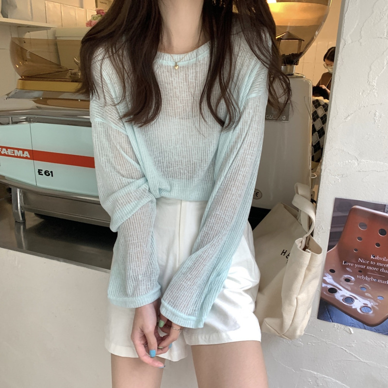 防晒衫长袖薄款少女简约宽松T恤女夏季微透打底衫小众别致上衣潮|undefined
