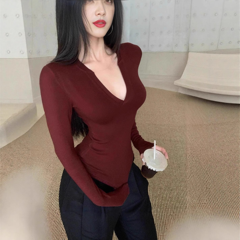 Pure Desire Hot Girl V-Neck Right Shoulder Long Sleeve T-Shirt Women's 2025 New Autumn Sexy Slim Fit Short Bottoming Top
