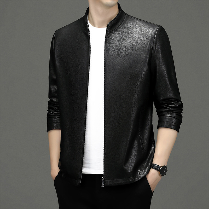 Haining Sheepskin Leather Jacket Men's High-end Brand Fashion Leather Clothing Korean Style Simple Middle-aged Business Black Jacket