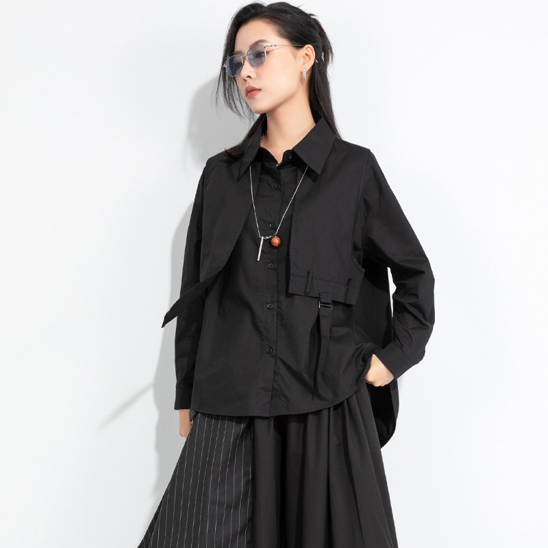 Original Design Yamamoto Dark Style Asymmetrical Fake Two-Piece Long-Sleeved Shirt for Women Spring & Fall New Pure Black Shirt