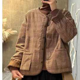 冬新款文艺复古格子大码宽松遮肉洋气减龄夹棉保暖休闲棉服外套女