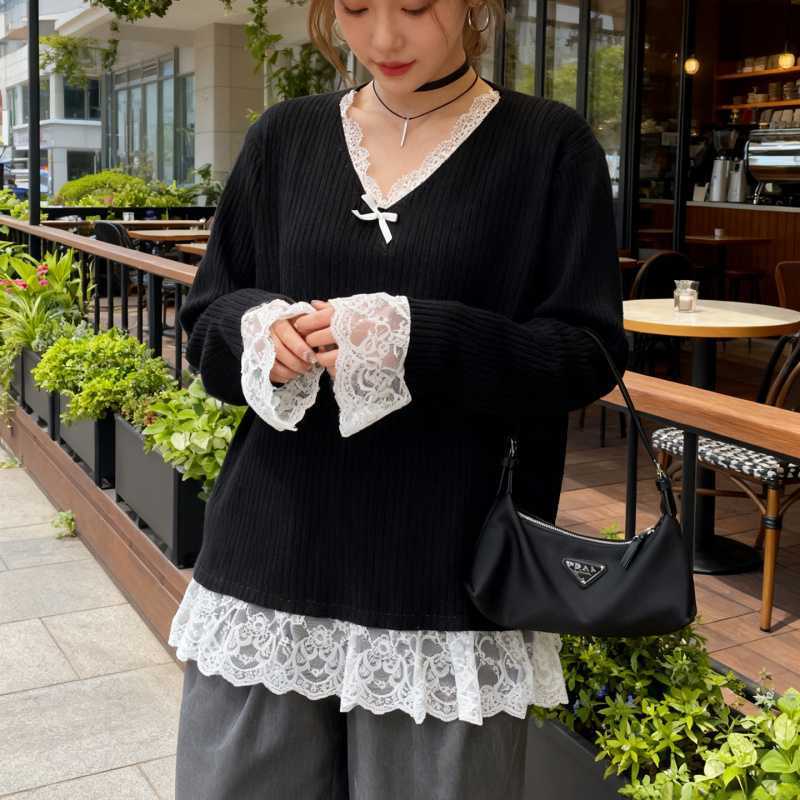 Real Shot of Plus Size Women's Clothing 2025 Autumn and Winter New V Neck Lace Knitwear Fat mm Loose Versatile Knitwear Bottoming Shirt
