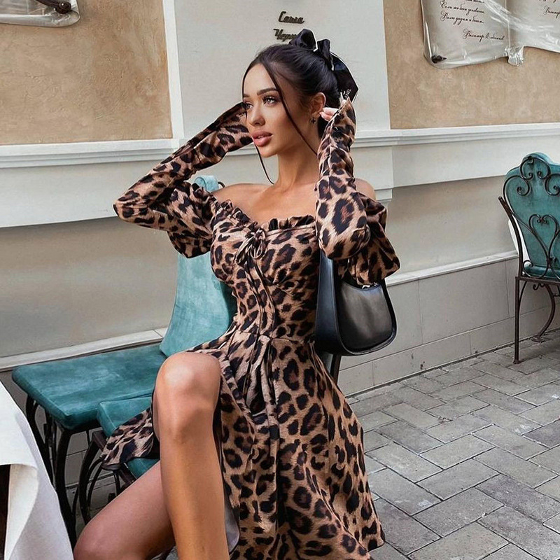 vestido de manga larga con estampado de leopardo de corte bajo para mujer nihaostyles ropa al por mayor NSXPF74048