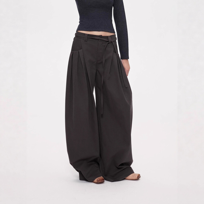 Acosey 25Fw Design Waist Tie Pocket Pleated Loose Casual Wide-Leg Straight Pants