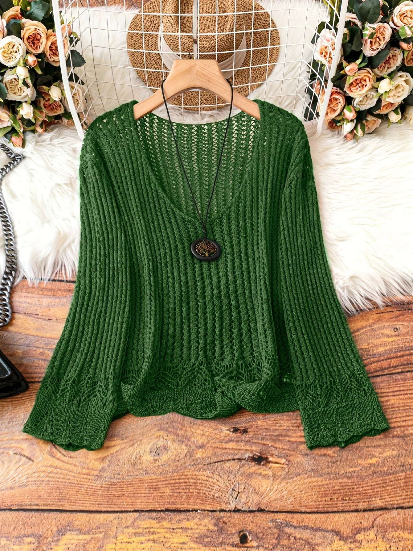[Women'S Boho Chic Brown Knit Cardigan with Large Buttons跨境]