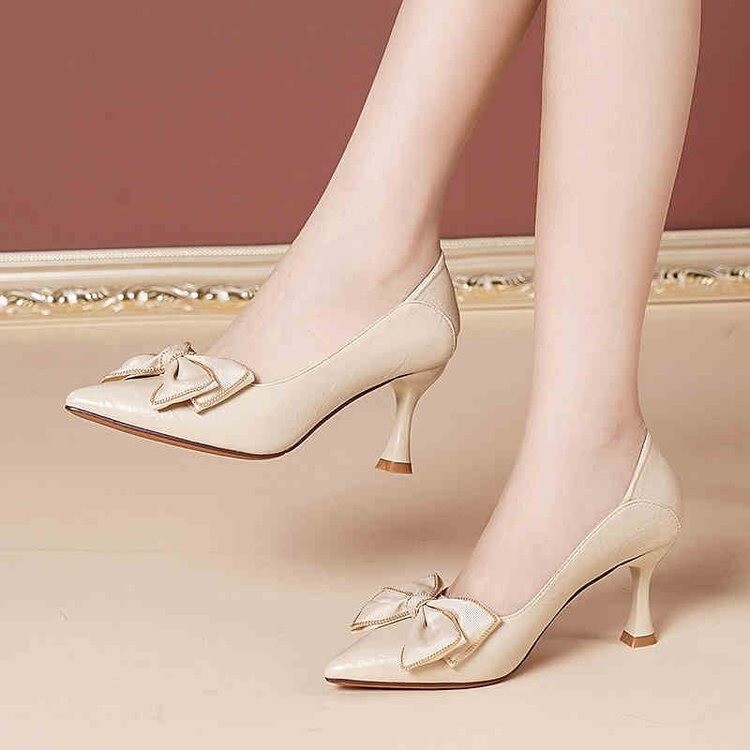 Mid-Heel Flats Autum 2025 New Stiletto Bow Fashion Pumps Pointed Toe Work High Heels Women's Versatile