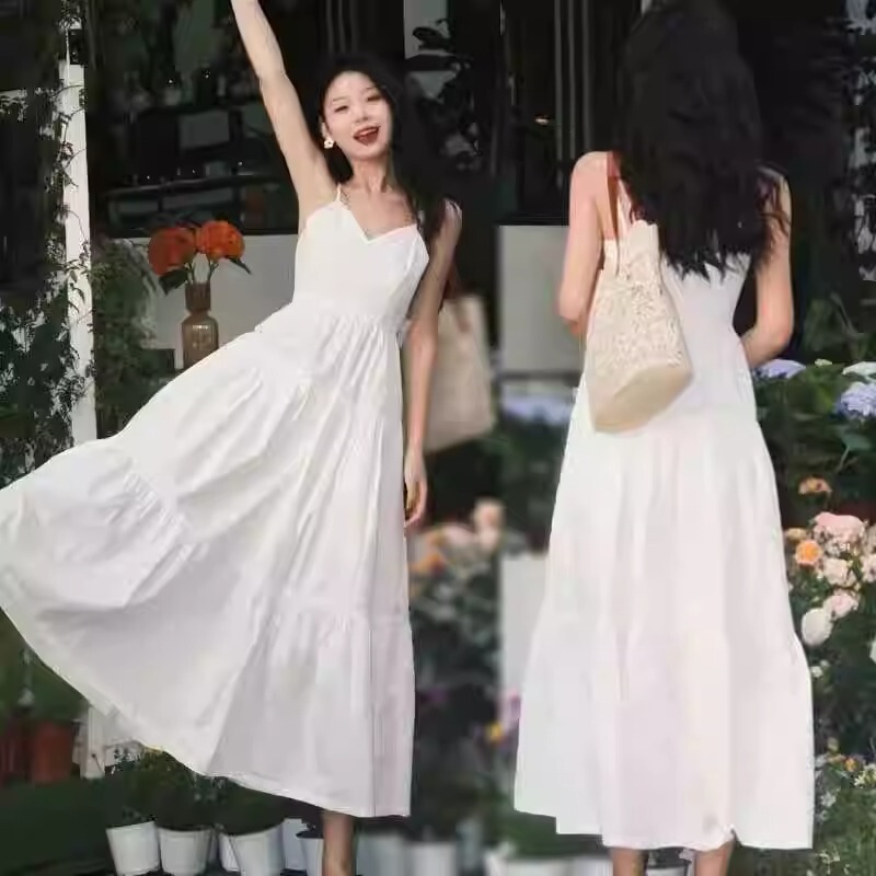 Seaside Holiday French Long Dress Women's Summer Super Long Ankle Long Skirt V-neck White Sling dress