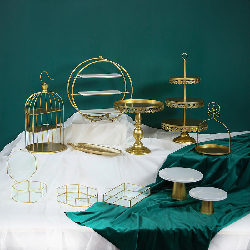 Tabla de postres de estilo europeo, estante de exhibición de bodas, banquete de bodas, estante de pastel, estante de té de la tarde, estante de golden snack set de 7 piezas