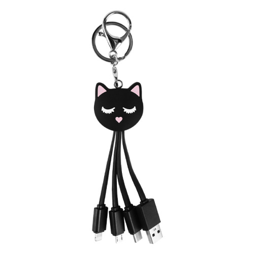 Cartoon Black Cat Three-in-One Data Cable Cute Key Portable Tri-Charger for Apple and Huawei